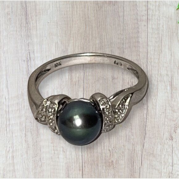 10k White Gold 9mm Grey Tahitian Pearl and Diamond Ring - Picture 5 of 15